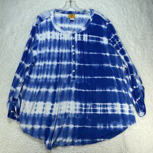 Ruby Rd. Blouse Womens 2X Blue Tie Dye Roll-tab Sleeve Pleats Round Neck